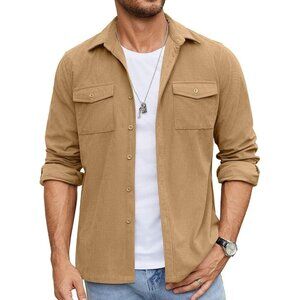 Men's Khaki Button Down Waffle Shirt Jacket Casual Long Sleeve Shacket